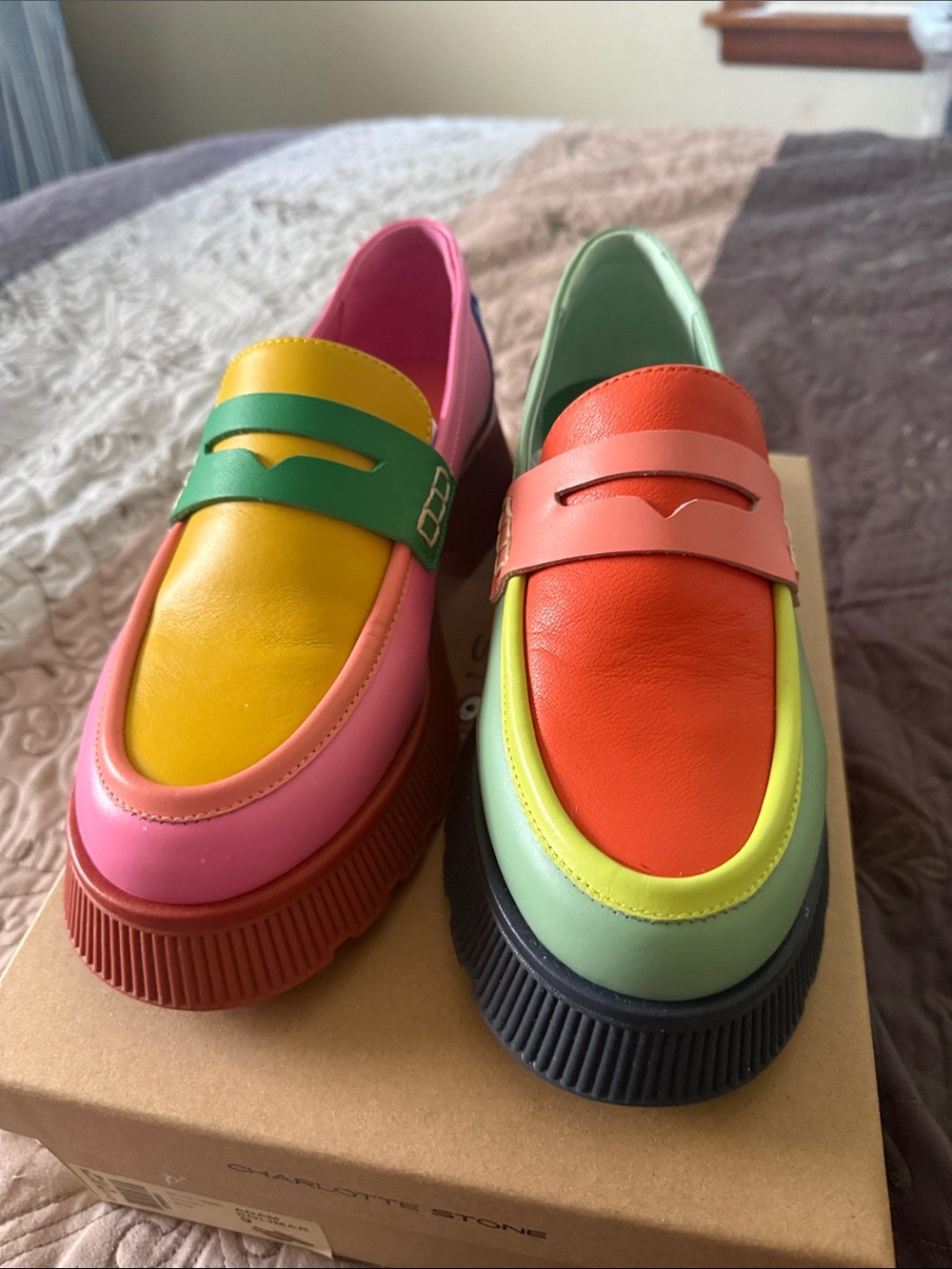 Charlotte Stone Colorblock Leather Penny Loafers - Pink, Green, Yellow, Coral - Picture 6 of 6